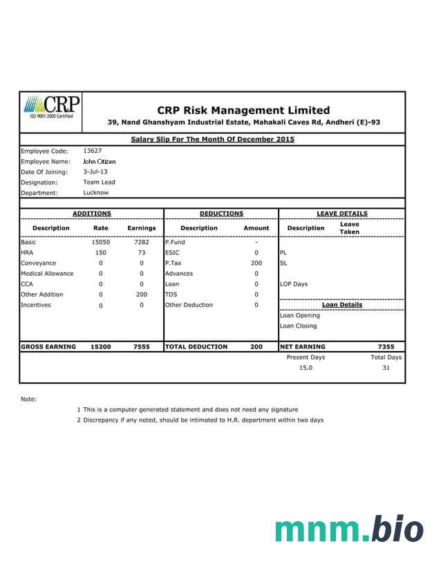 Indie CRP Risk Management Limited Pension slip template w formatach Word i PDF